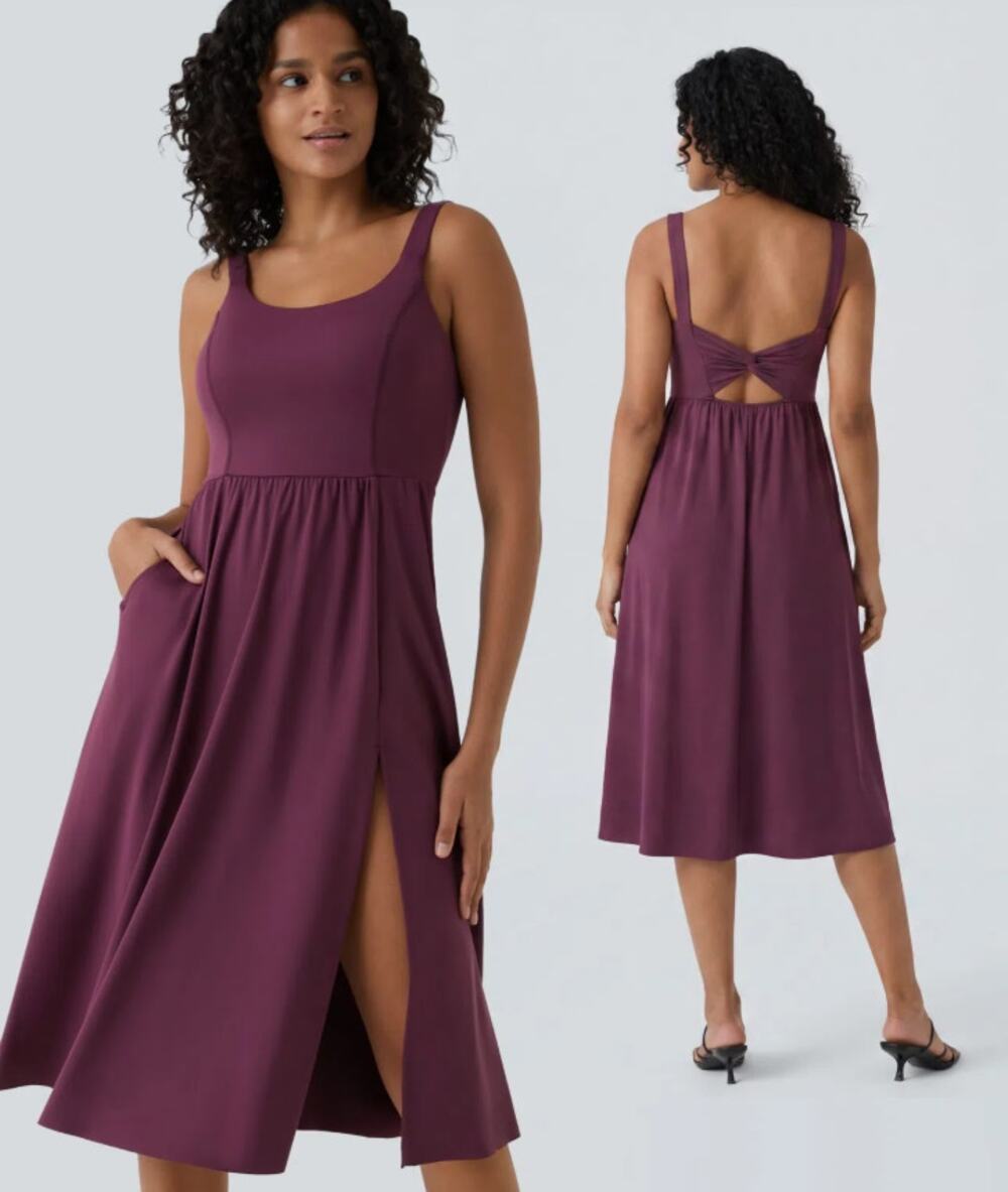 Halara Womens SoftlyZero Airy Padded Midi Casual Dress Size Large Burgundy NEW